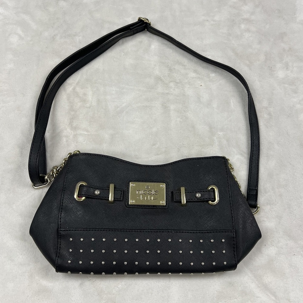 Nicole Miller Crossbody Bag Womens Small Black Studded Gold Hardware Saffiano